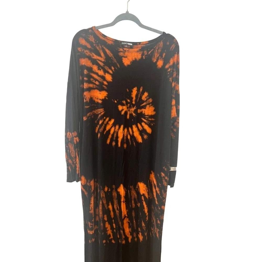 Fashion Nova Maxi Dress Womens Large Black Orange Tie Dye 1094 - Picture 2 of 12